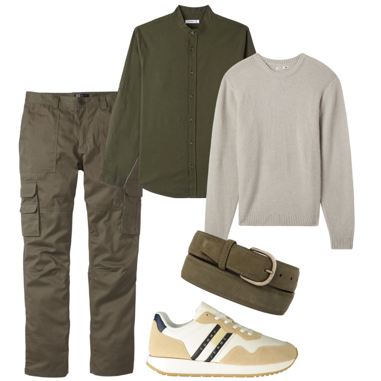 Outfit uomo - Novembre. Stile Casual per Tutti i giorni. Abbinamento con pantaloni cargo, camicie, maglieria, cinture, sneakers.