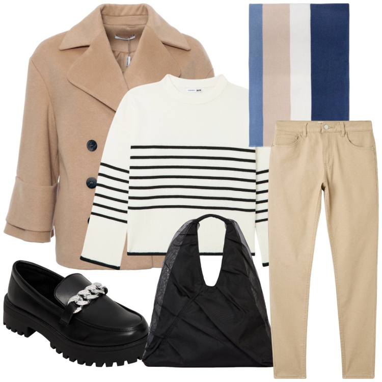 Outfit donna - Il maglione a righe curvy outfit. Stile Bon Ton per Ufficio. Abbinamento con mocassini, pantaloni skinny, maglieria, cappotti, shopping bag, sciarpe.