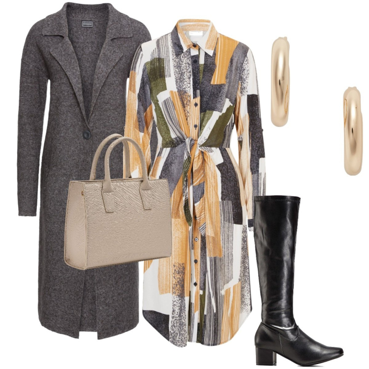 Outfit donna - Il chemisier a fantasia. Stile Bon Ton per Ufficio. Abbinamento con stivali, vestiti chemisier, cappotti, shopping bag, orecchini.