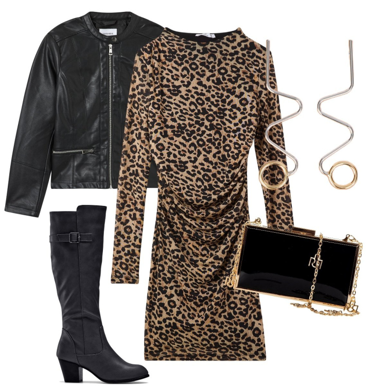 Outfit donna - L’abito leopardato. Stile Sexy per Serata fuori. Abbinamento con stivali, vestiti lunghi, blazer, pochette, orecchini.