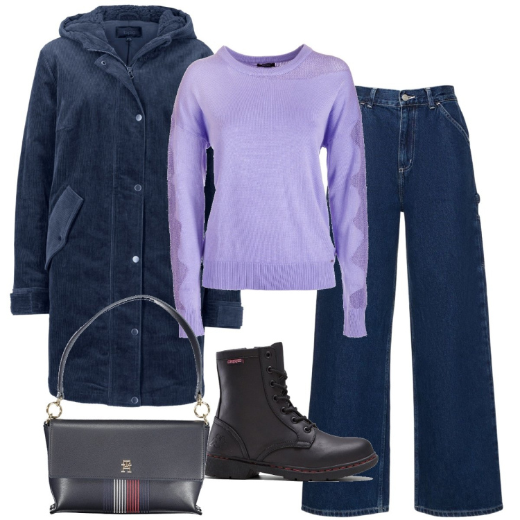 Outfit donna - Il parka in velluto. Stile Basic per Tutti i giorni. Abbinamento con parka, stivaletti, maglieria, pantaloni, borse a spalla.
