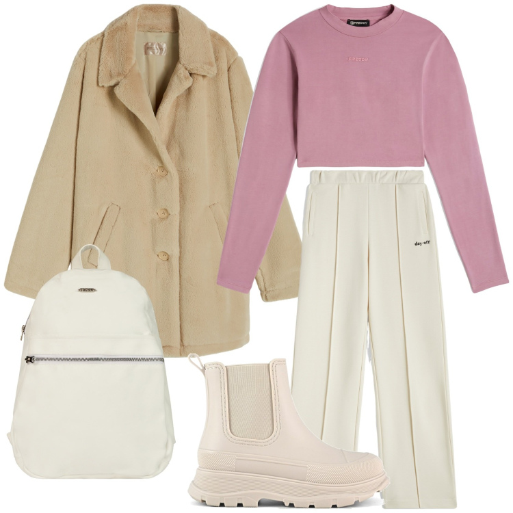 Outfit donna - Passeggiata autunnale. Stile Sporty chic per Tutti i giorni. Abbinamento con cappotti, pantaloni, maglieria, zaini, stivali.