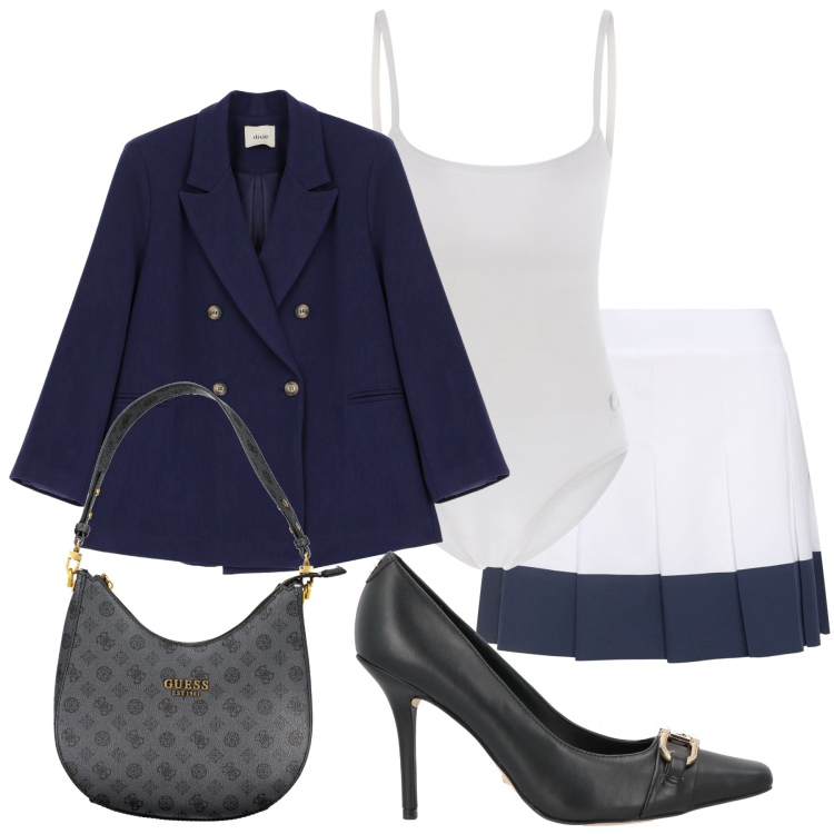 Outfit donna - Completo bianco e blu. Stile Casual chic per Serata fuori. Abbinamento con décolleté, body, blazer, minigonne, borse a spalla.