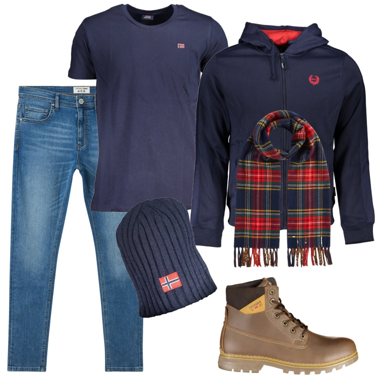 Outfit uomo - Dettagli autunnali. Stile Casual per Tutti i giorni. Abbinamento con jeans slim fit, sciarpe, felpe con cappuccio, stivali, t-shirt, berretti.