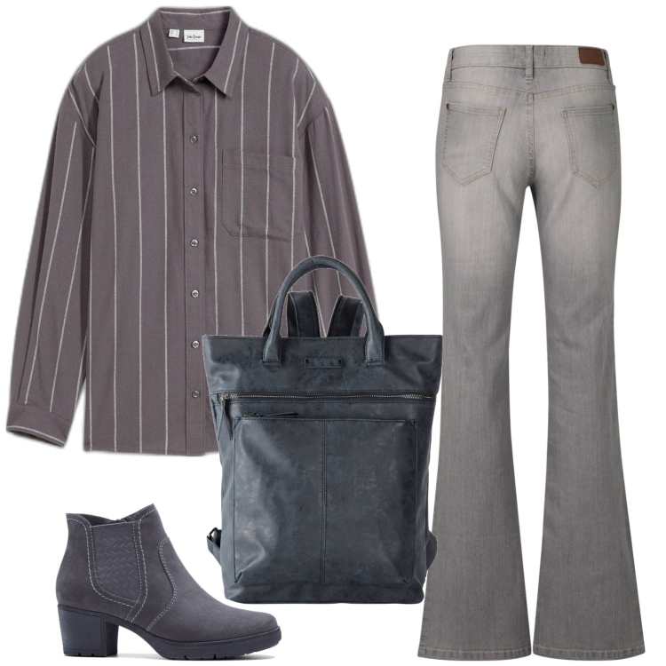 Outfit donna - Lavoro. Stile Casual per Ufficio. Abbinamento con jeans bootcut, stivaletti, zaini, camicie.
