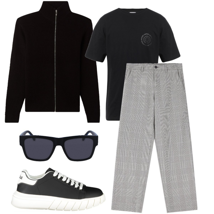 Outfit uomo - Impegni lavorativi. Stile Business/Elegante per Ufficio. Abbinamento con t-shirt, cardigans, pantaloni, sneakers, occhiali da sole.