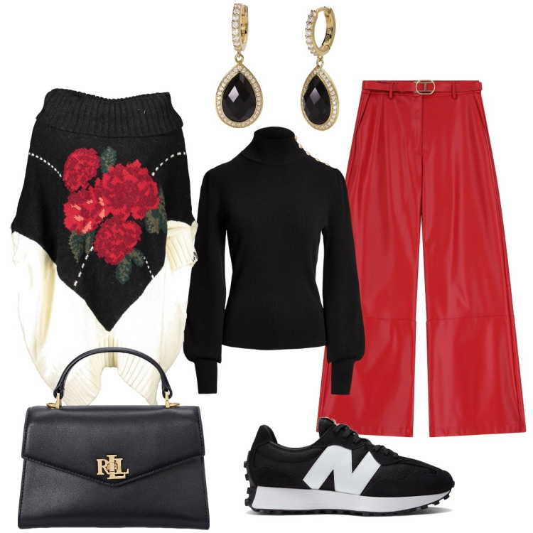 Outfit donna - Pantalone rosso per l’autunno. Stile Glamour per Serata fuori. Abbinamento con orecchini, sneakers, pantaloni, maglieria, borse a mano, maglieria.