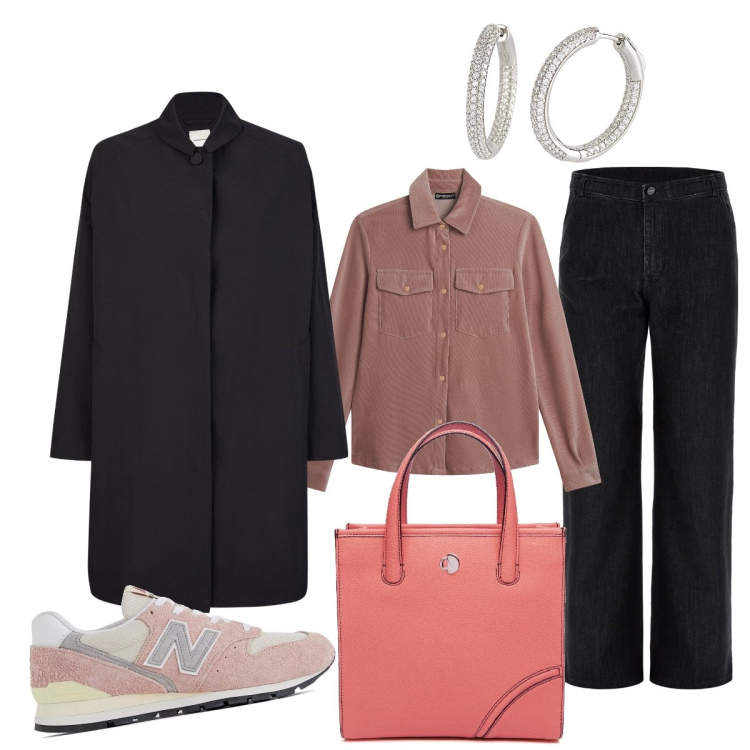 Outfit donna - In città. Stile Sporty chic per Tutti i giorni. Abbinamento con orecchini, sneakers, jeans, camicie, trench, shopping bag.