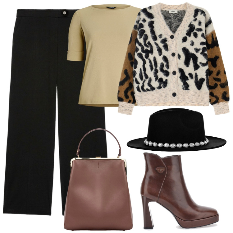 Outfit donna - Cappello in autunno. Stile Chic per Tutti i giorni. Abbinamento con cappelli, cardigans, top, borse a spalla, pantaloni a palazzo, stivaletti.