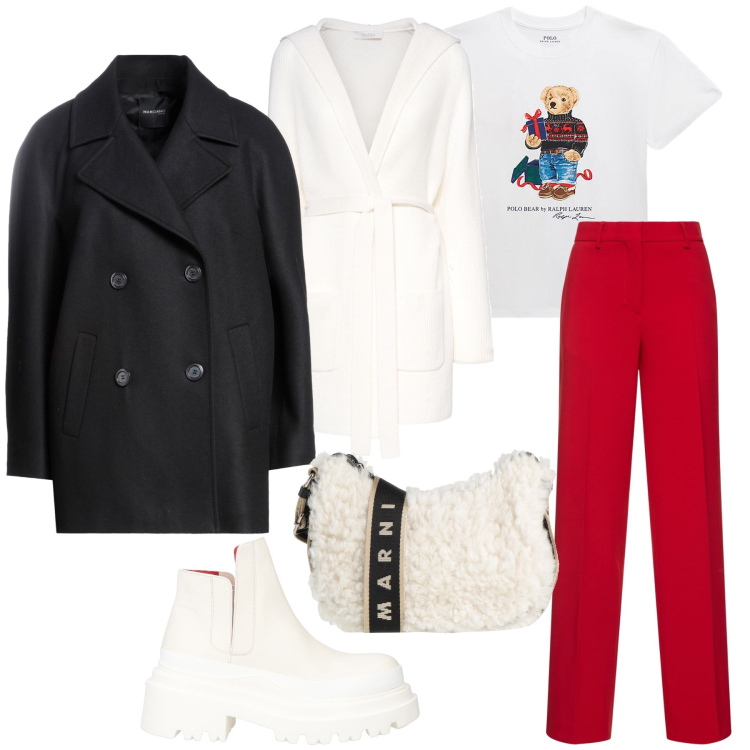 Outfit donna - Christmas Holidays. Stile Casual per Tutti i giorni. Abbinamento con caban, borse a tracolla, stivaletti, t-shirt, cappotti, pantaloni.