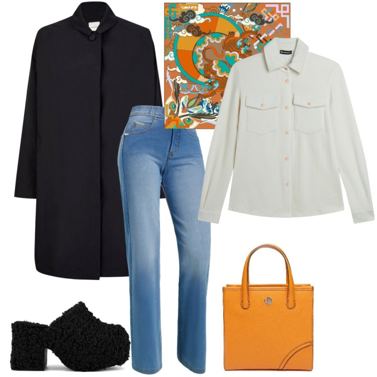 Outfit donna - Il classico soprabito. Stile Casual per Tutti i giorni. Abbinamento con jeans, camicie, sabot, trench, foulard, shopping bag.