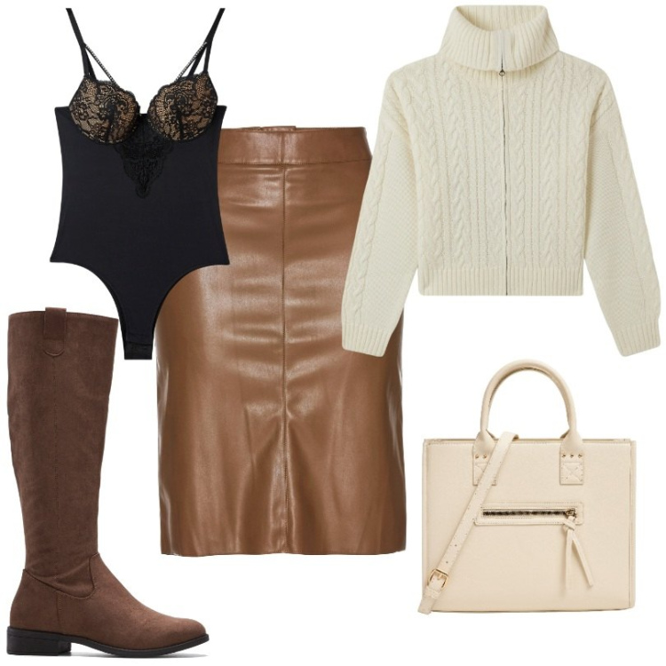 Outfit donna - Total look #1995339. Stile Casual per Ufficio. Abbinamento con stivali, gonne longuette, shopping bag, cardigans, body.