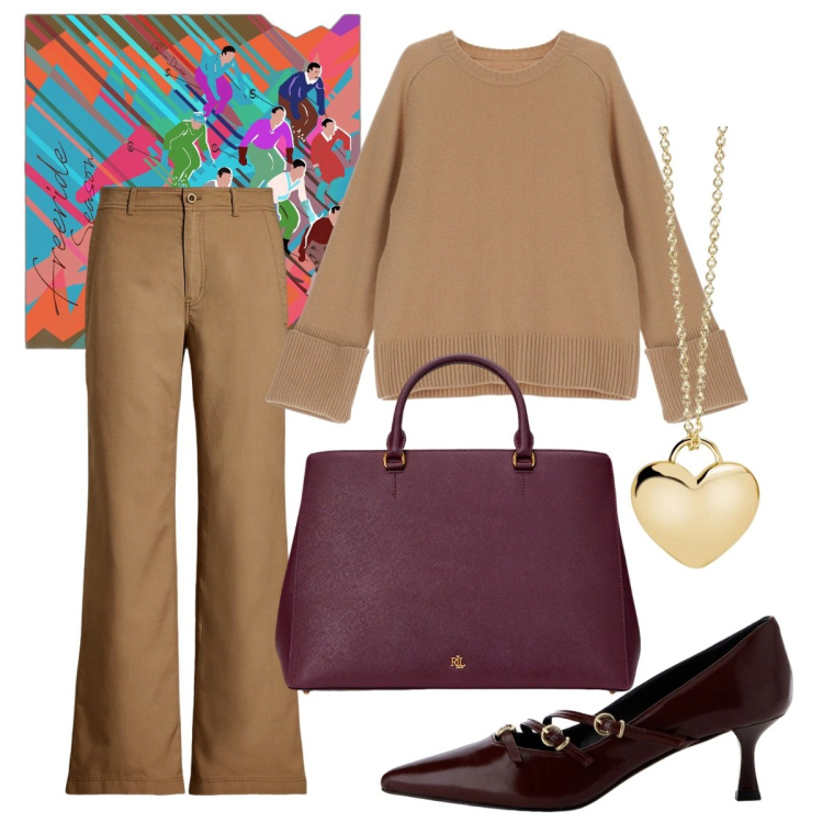 Outfit donna - Sobria. Stile Chic per Ufficio. Abbinamento con collane, pullovers, décolleté, borse a mano, pantaloni, foulard.