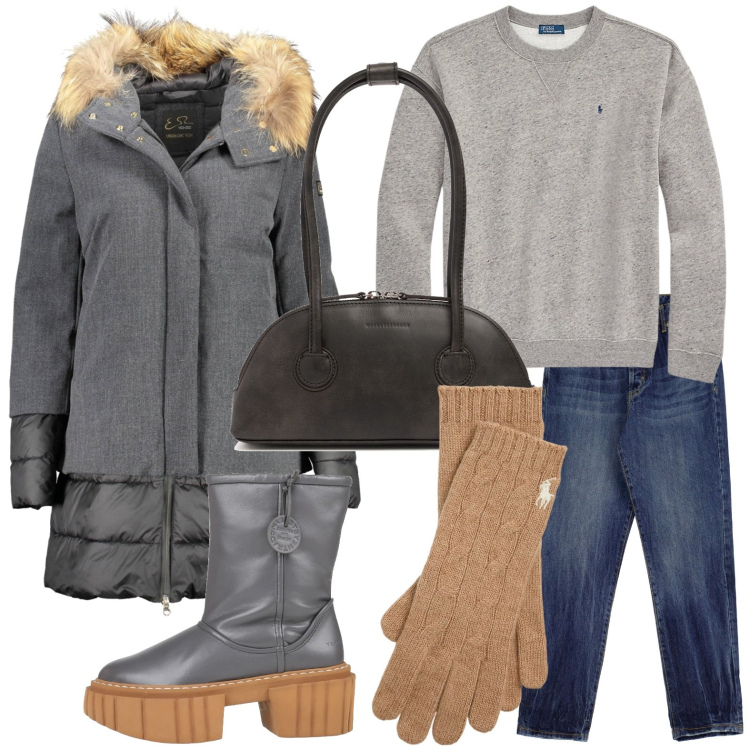 Outfit donna - Stile urbano. Stile Casual per Ufficio. Abbinamento con stivaletti, guanti, pullovers, jeans, piumini, borse a spalla.