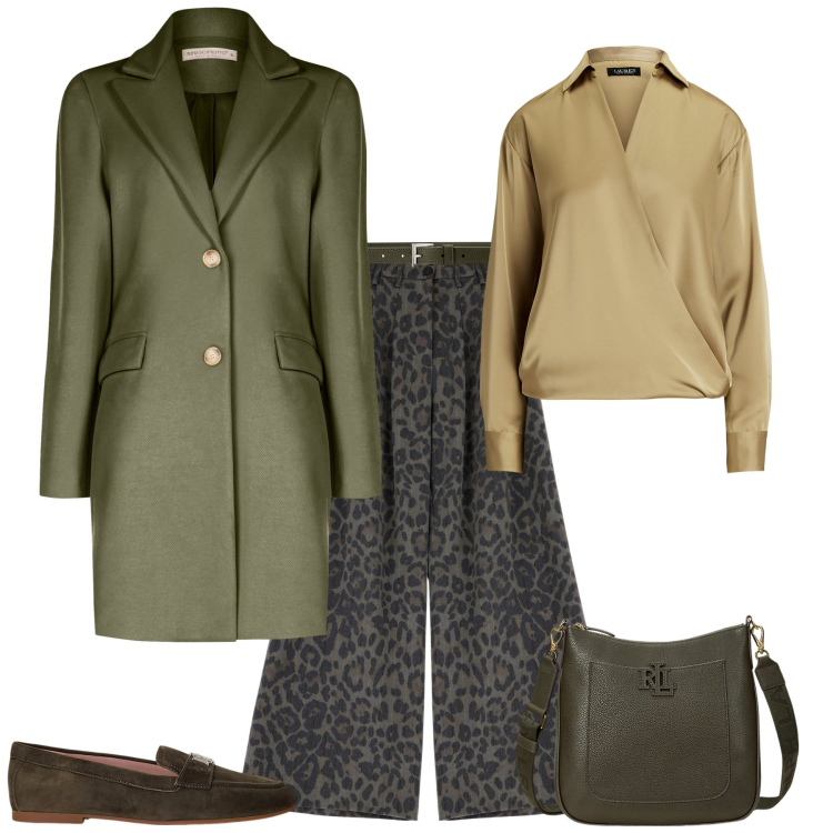 Outfit donna - Total look #1995348. Stile Chic per Ufficio. Abbinamento con pantaloni, cappotti, borse a tracolla, camicie, mocassini, cinture.