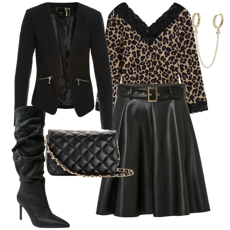 Outfit donna - Serata fuori. Stile Glamour per Serata fuori. Abbinamento con borse a tracolla, blazer, gonne, maglieria, stivali, orecchini.