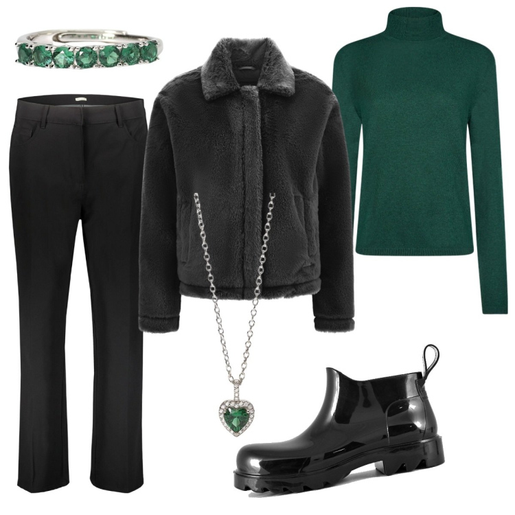 Outfit donna - Grigio minimal. Stile Minimal per Ufficio. Abbinamento con anelli, ciondoli, cappotti, pantaloni, stivali, maglieria.