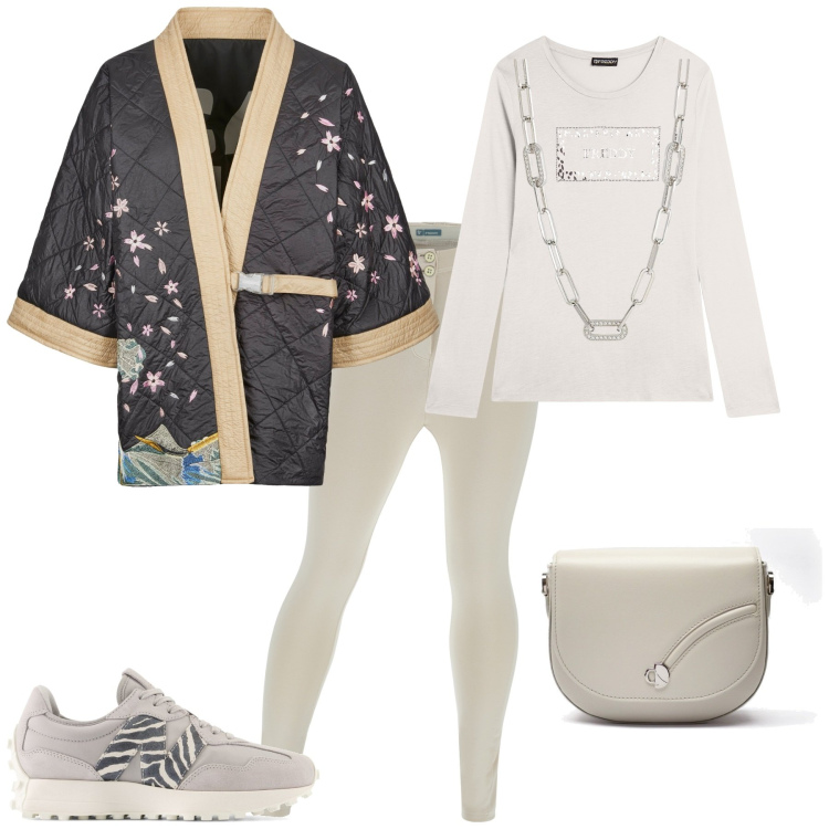 Outfit donna - Total look #1995365. Stile Casual per Tutti i giorni. Abbinamento con maglieria, sneakers, t-shirt, pantaloni skinny, kimono, borse a tracolla.