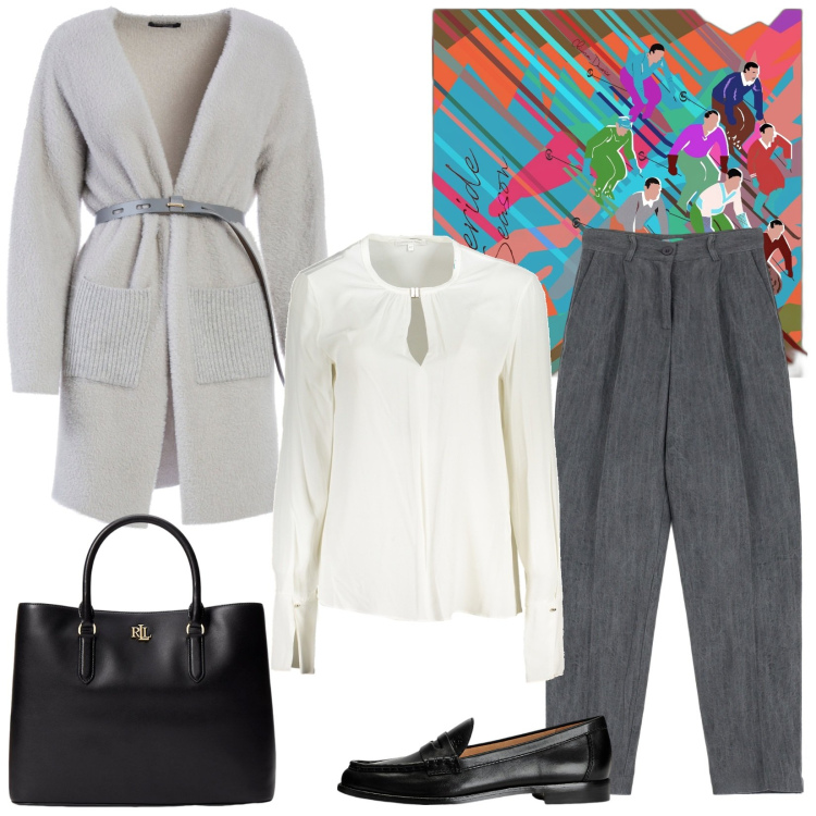 Outfit donna - Singles\' Day: cardigan grigio must have. Stile Mannish per Ufficio. Abbinamento con cardigans, pantaloni, mocassini, borse a mano, foulard, camicie.