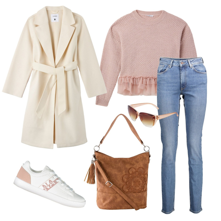 Outfit donna - Total look #1995368. Stile Casual chic per Tutti i giorni. Abbinamento con borse a mano, occhiali da sole, cappotti, maglieria, sneakers, jeans.