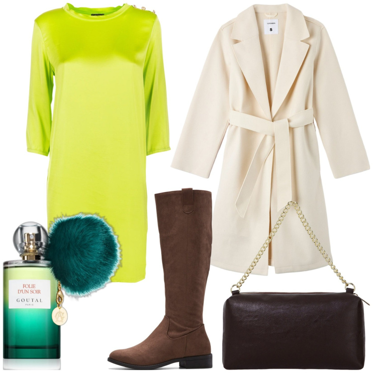 Outfit donna - Abito verde. Stile Trendy per Tutti i giorni. Abbinamento con stivali, profumi, cappotti, vestiti, borse a tracolla.