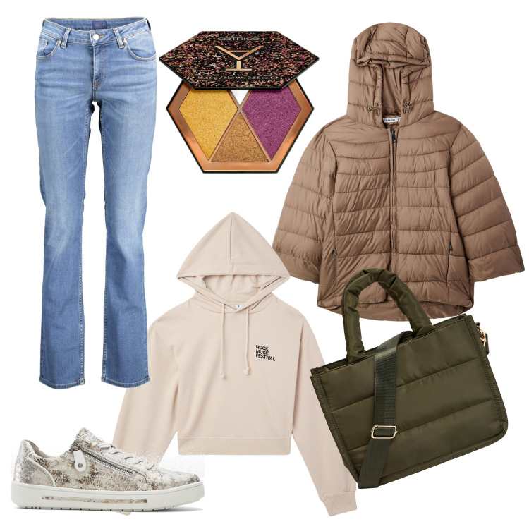 Outfit donna - Passeggiatina in centro. Stile Casual chic per Scuola/Università. Abbinamento con sneakers, ombretti, shopping bag, blazer, felpe con cappuccio, jeans.