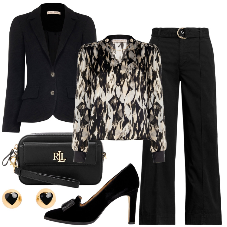 Outfit donna - Da mattina a sera. Stile Chic per Serata fuori. Abbinamento con bluse, blazer, pochette, pantaloni, décolleté, orecchini.