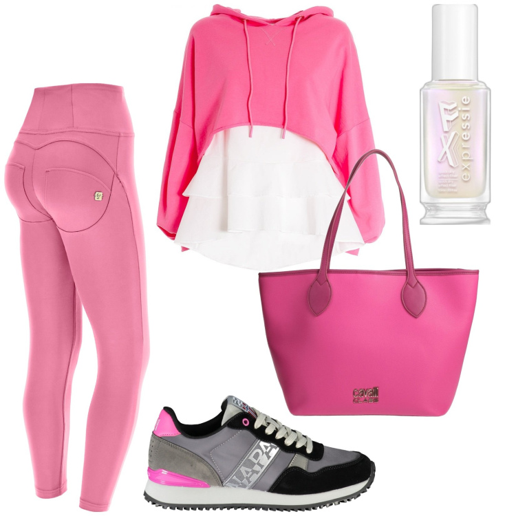 Outfit donna - Sportiva in rosa. Stile Sporty chic per Sport. Abbinamento con borse a spalla, smalti, felpe con cappuccio, pantaloni skinny, sneakers.