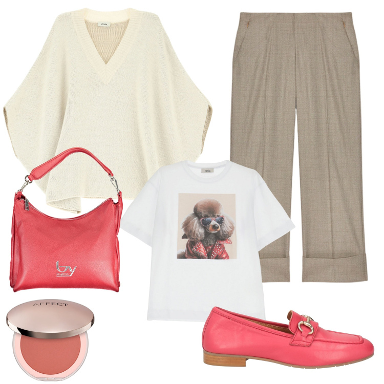 Outfit donna - Corallo. Stile Casual chic per Ufficio. Abbinamento con mocassini, blush, cappotti, t-shirt, pantaloni, borse a spalla.