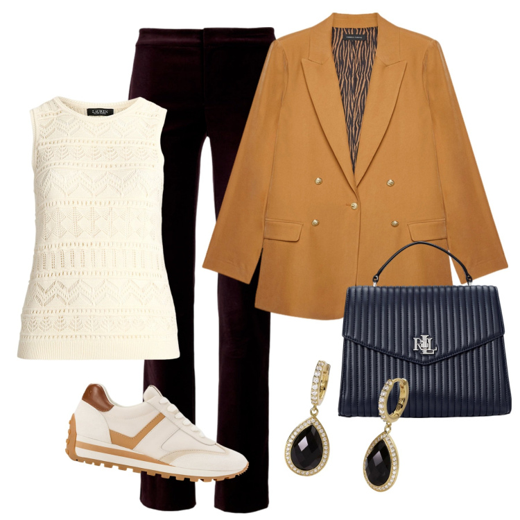 Outfit donna - Il blu e l\'ocra. Stile Bon Ton per Tutti i giorni. Abbinamento con orecchini, blazer, sneakers, pantaloni, borse a mano, maglieria.