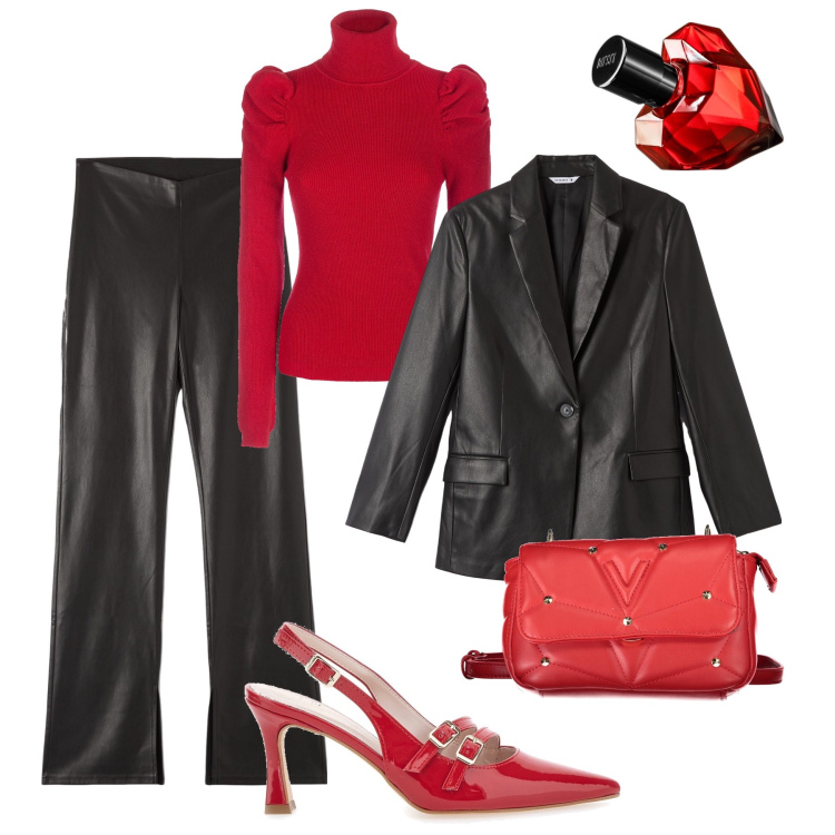 Outfit donna - Saldi Bantoa per la sera. Stile Glamour per Serata fuori. Abbinamento con profumi, pantaloni, blazer, maglieria, décolleté, borse a tracolla.