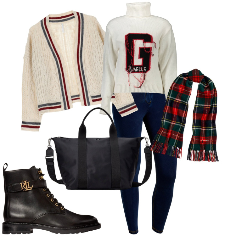 Outfit donna - Total look #1995443. Stile Casual per Tutti i giorni. Abbinamento con cardigans, jeggings, borse tote, stivaletti, sciarpe, maglieria.