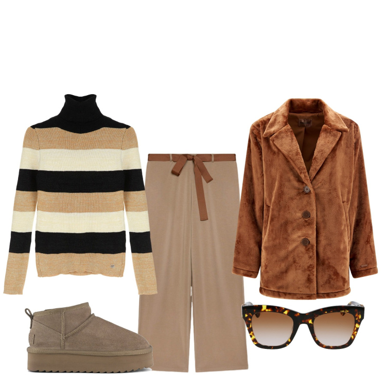 Outfit donna - Week end in montagna. Stile Basic per Tutti i giorni. Abbinamento con maglieria, cappotti, stivaletti, pantaloni, occhiali da sole.