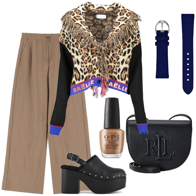 Outfit donna - Un tantino eccentrica. Stile Trendy per Tutti i giorni. Abbinamento con smalti, pantaloni, borse a tracolla, orologi, sabot, cardigans.