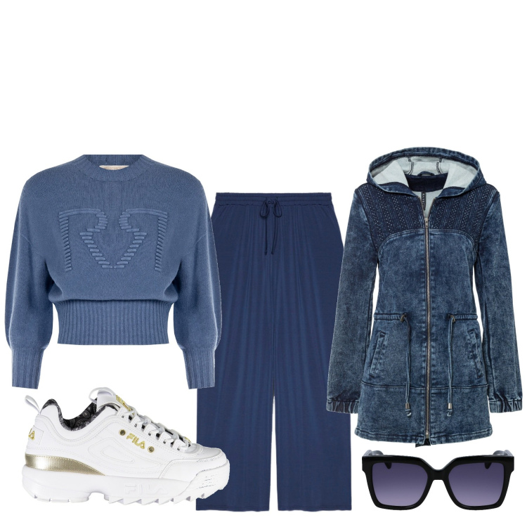 Outfit donna - Parka di jeans. Stile Basic per Tutti i giorni. Abbinamento con parka, maglieria, pantaloni, sneakers, occhiali da sole.