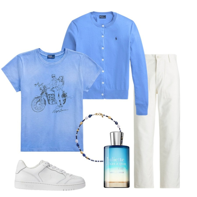 Outfit donna - Fashion news. Stile Casual per Tutti i giorni. Abbinamento con profumi, cardigans, sneakers, pantaloni, collane, t-shirt.