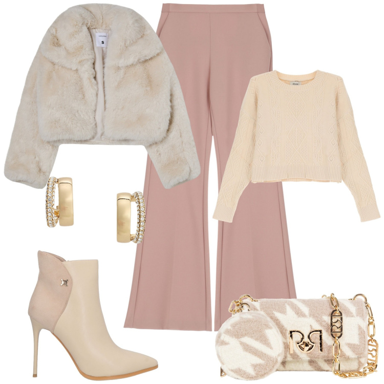 Outfit donna - Toni rosati per la serata. Stile Glamour per Serata fuori. Abbinamento con stivaletti, blazer, borse a tracolla, pantaloni, pullovers, orecchini.
