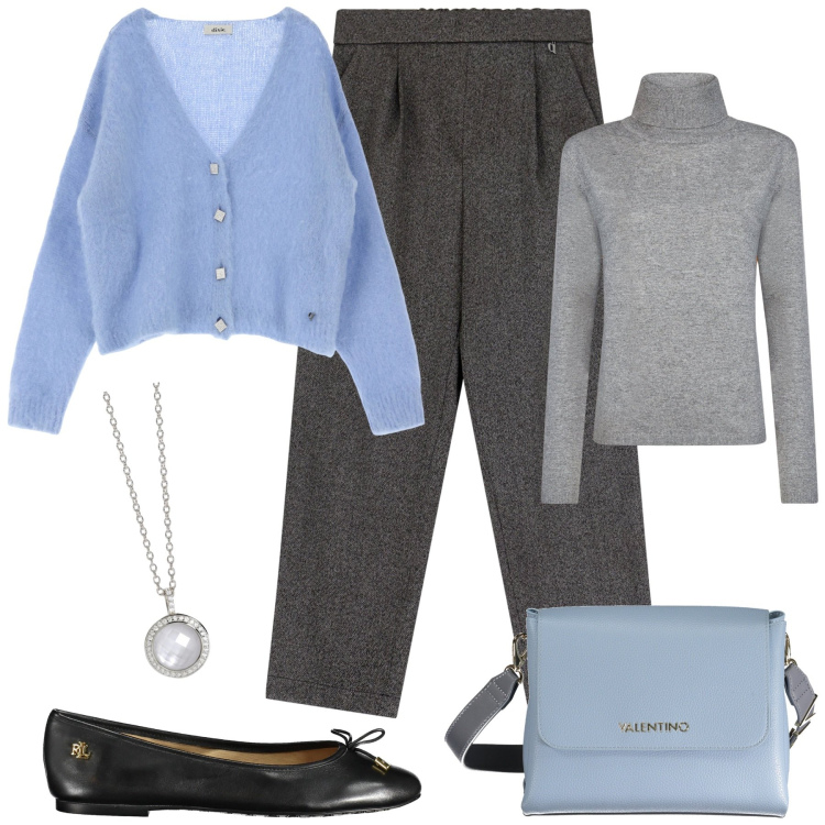 Outfit donna - Azzurro e grigio al lavoro. Stile Bon Ton per Ufficio. Abbinamento con pantaloni, cardigans, collane, maglieria, ballerine, borse a spalla.