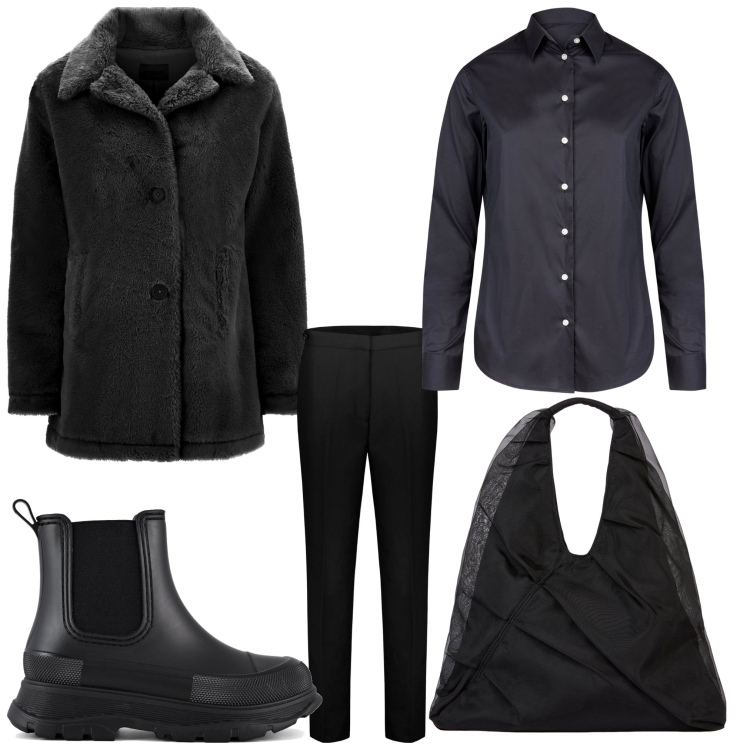 Outfit donna - Total black. Stile Casual chic per Ufficio. Abbinamento con cappotti, pantaloni, stivali, camicie, shopping bag.