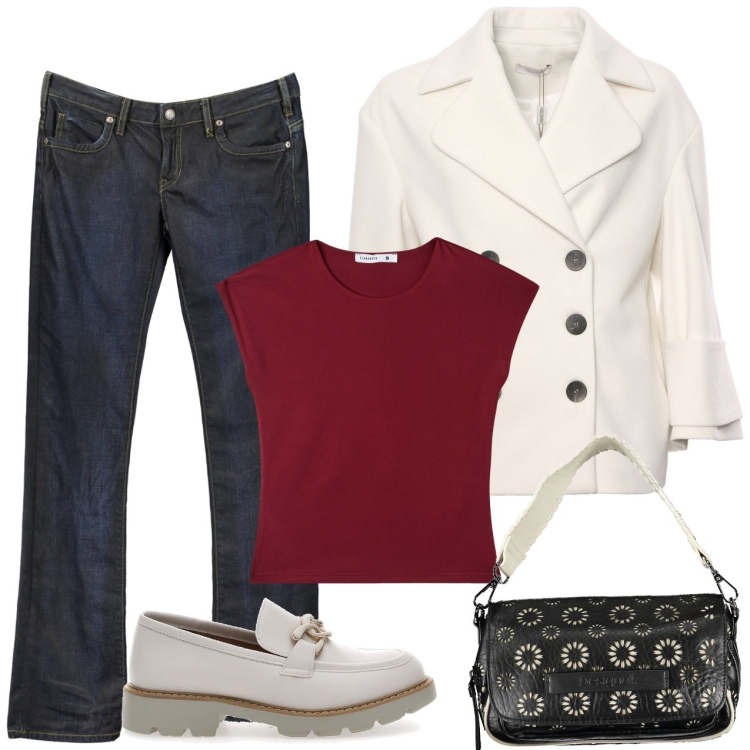 Outfit donna - Cappotto bianco. Stile Casual per Tutti i giorni. Abbinamento con t-shirt, cappotti, mocassini, borse a spalla, jeans.