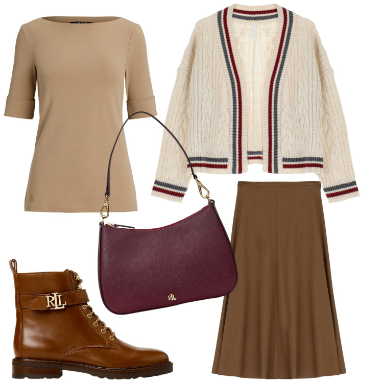 Outfit donna - Chiaroscuro. Stile Casual chic per Scuola/Università. Abbinamento con cardigans, gonne longuette, t-shirt, borse a tracolla, stivaletti.