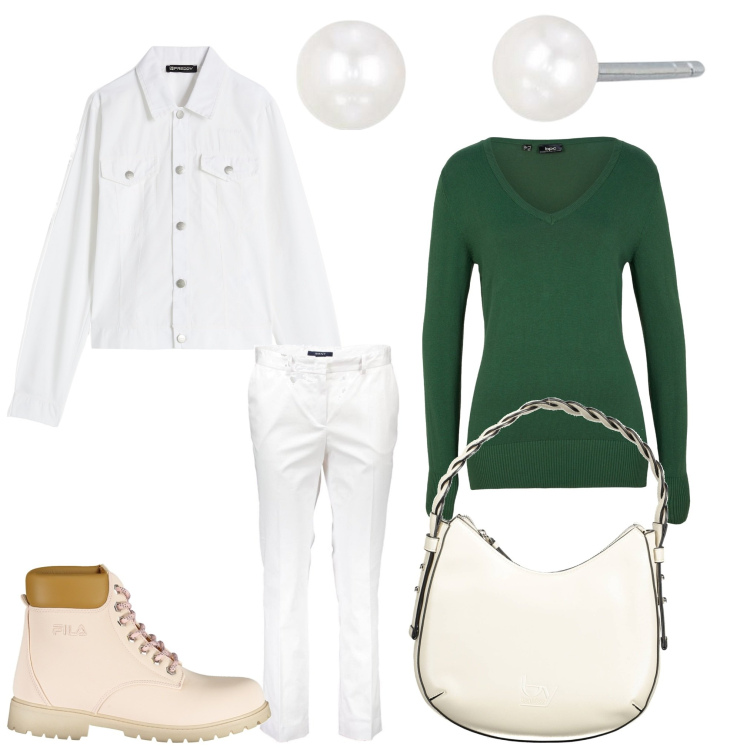 Outfit donna - Bianco e verde. Stile Casual per Tutti i giorni. Abbinamento con maglieria, orecchini, blazer, pantaloni, stivali, borse a spalla.