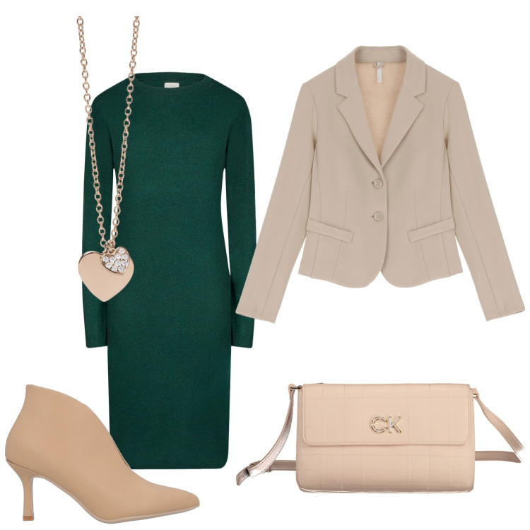 Outfit donna - Con il cuore nel verde. Stile Casual chic per Ufficio. Abbinamento con stivaletti, ciondoli, blazer, vestiti midi/longuette, borse a tracolla.