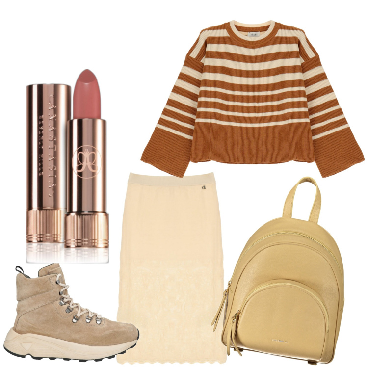 Outfit donna - Righe a lezione. Stile Casual per Scuola/Università. Abbinamento con sneakers alte, rossetti, maglieria, gonne, zaini.