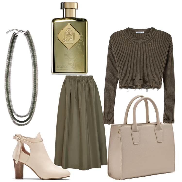 Outfit donna - Idee verdi. Stile Casual chic per Ufficio. Abbinamento con stivaletti, profumi, shopping bag, maglieria, collane, gonne lunghe.