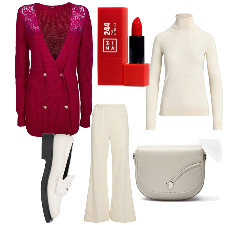 Outfit donna - Neve fragola. Stile Casual chic per Ufficio. Abbinamento con mocassini, rossetti, cardigans, maglieria, borse a tracolla, pantaloni.