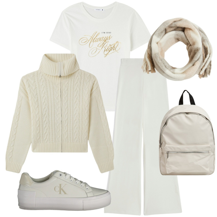 Outfit donna - Total look #1995487. Stile Casual per Tutti i giorni. Abbinamento con t-shirt, cardigans, zaini, sciarpe, pantaloni, sneakers.