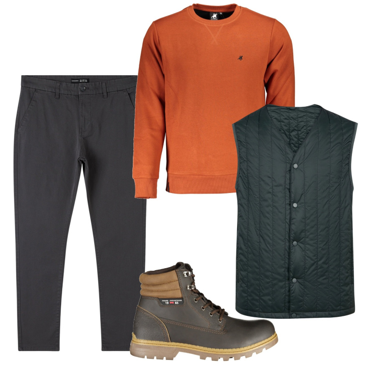 Outfit uomo - Arancio vivace. Stile Casual per Tutti i giorni. Abbinamento con pantaloni chino, piumini, felpe, stivali.