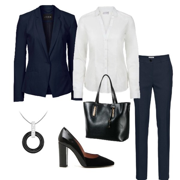 Outfit donna - Urban #9040. Stile Urban per Ufficio. Abbinamento con pantaloni, camicie, blazer blu, shopping bag, décolleté, collana argento.