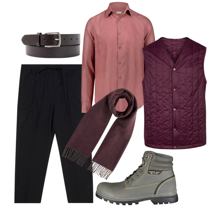 Outfit uomo - Mosto selvatico. Stile Trendy per Serata speciale. Abbinamento con pantaloni, piumini, cinture, camicie, stivali, sciarpe.
